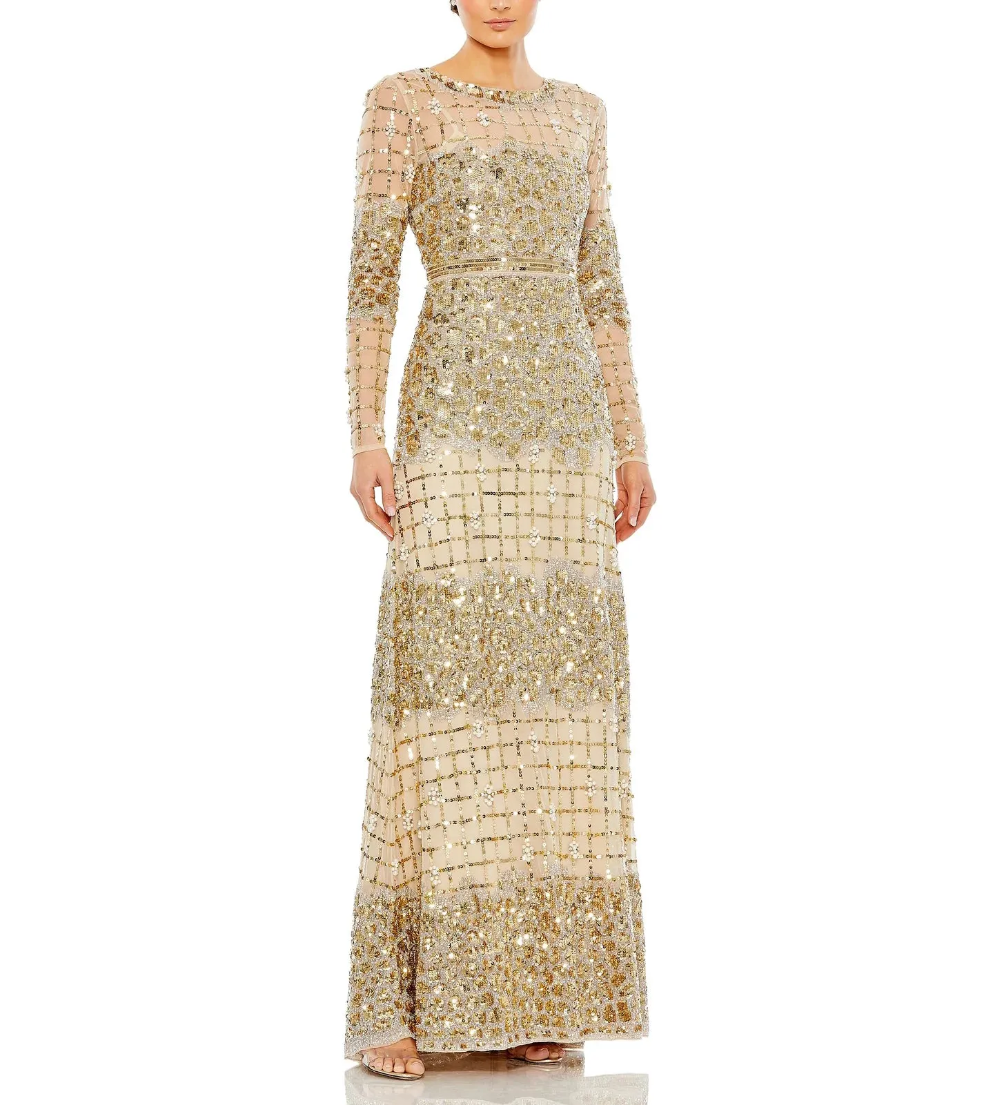ILLUSION HIGH NECK PARTY WEAR LONG DRESS IN GOLD