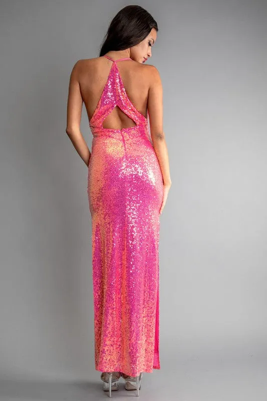 Pink Multi Color Sequin Halter Neck Deep V-Neck Keyhole