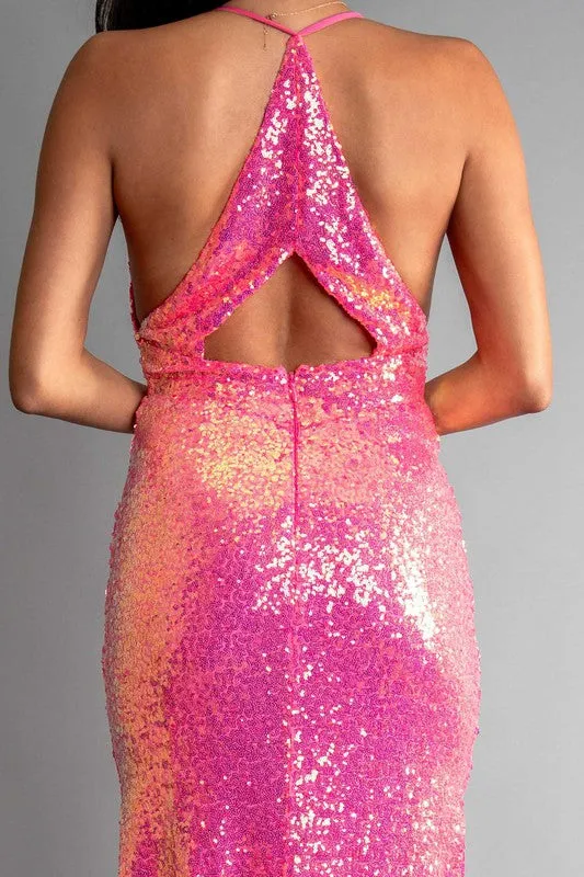 Pink Multi Color Sequin Halter Neck Deep V-Neck Keyhole